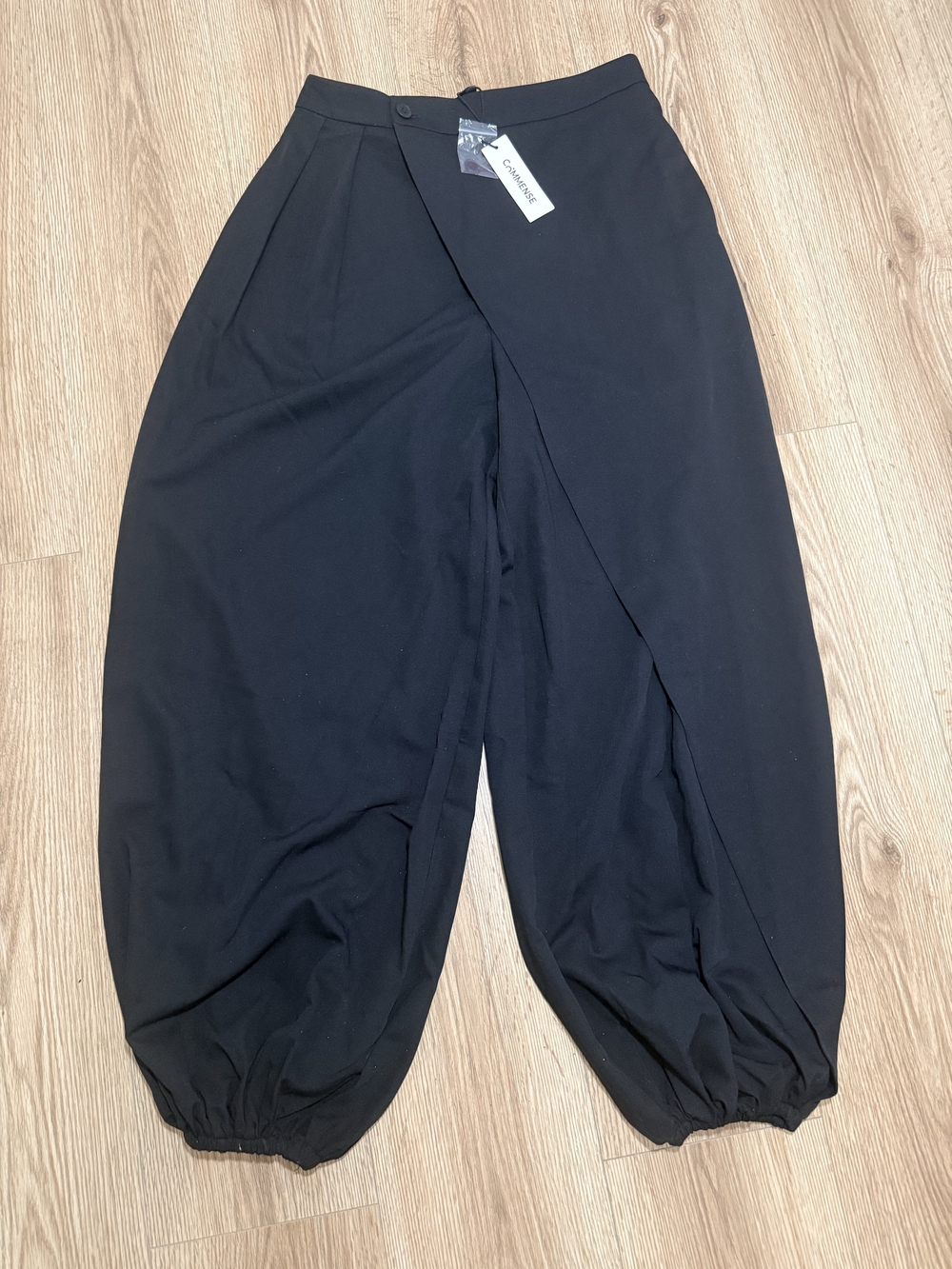 Commense Black Draped Balloon Boot‑Cut Trousers